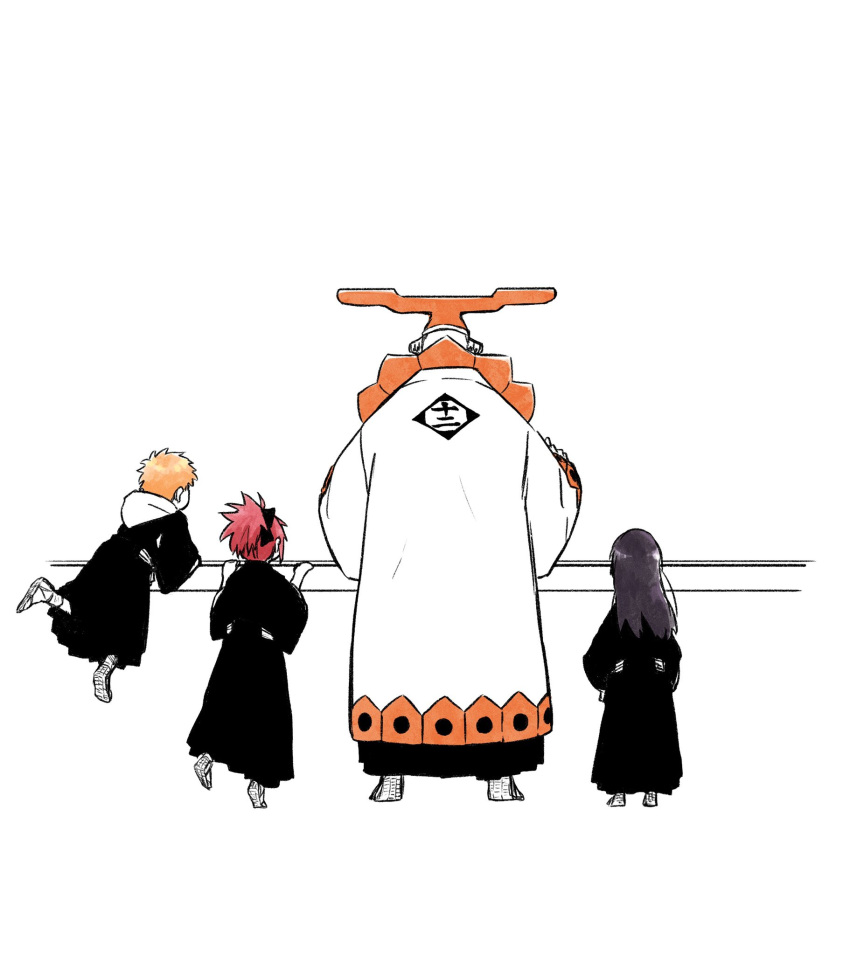 2boys, 2girls, abarai_ichika, back, black_bow, black_hair, bleach, bow