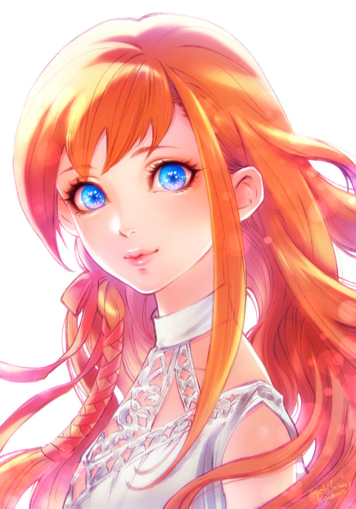 1girl, bangs, blue_eyes, dress, final_fantasy, final_fantasy_xiv, hair_ribbon, hyur