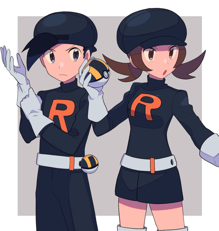 1boy, 1girl, :o, belt, black_headwear, black_jacket, black_pants, boots