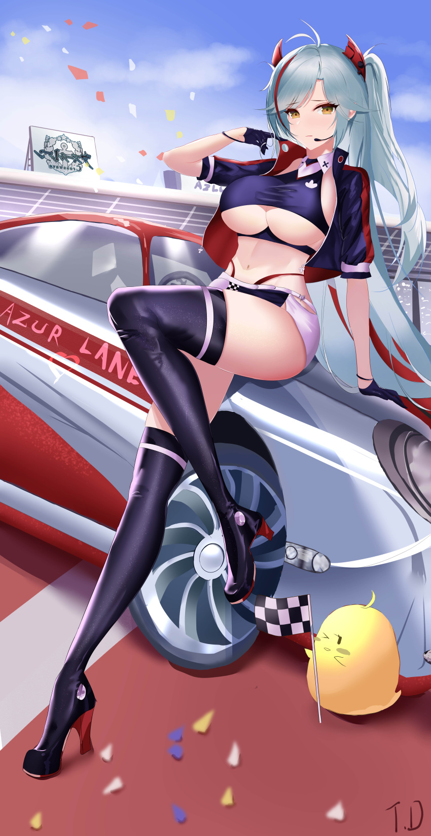 1girl, absurdres, azur_lane, belt, boots, breasts, car, checkered_flag