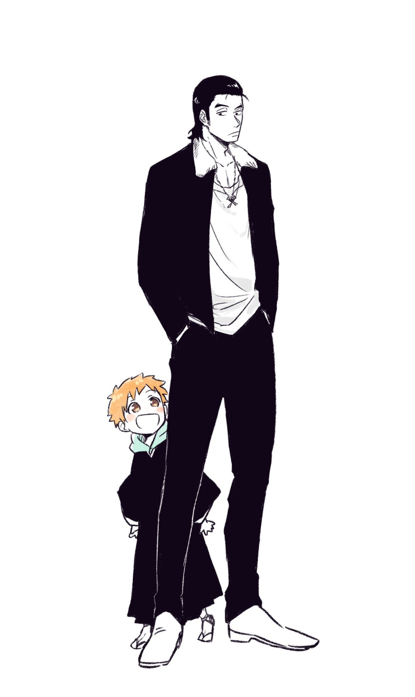 2boys, black_hair, black_pants, bleach, blush, choko_egg, closed_mouth, collarbone