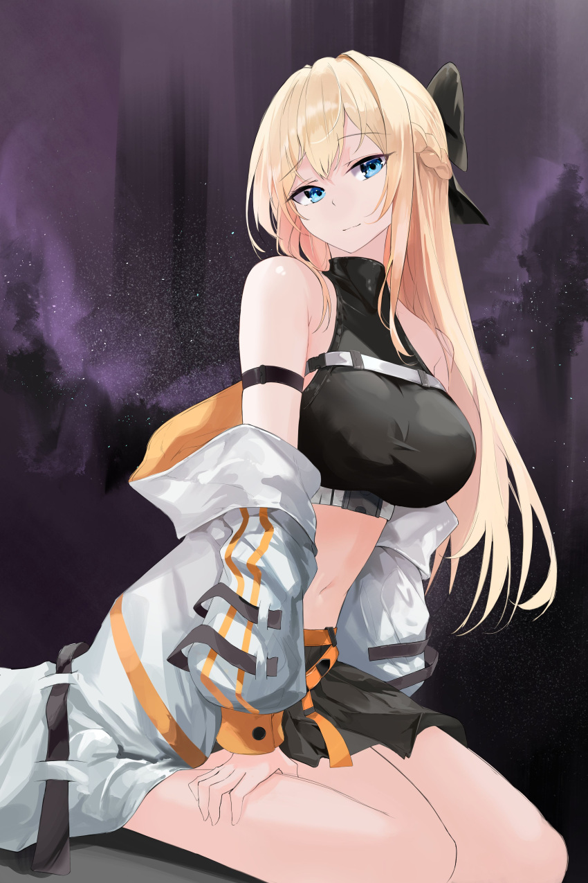 1girl, absurdres, arm_strap, artist_request, bare_shoulders, belt, black_shirt, black_skirt