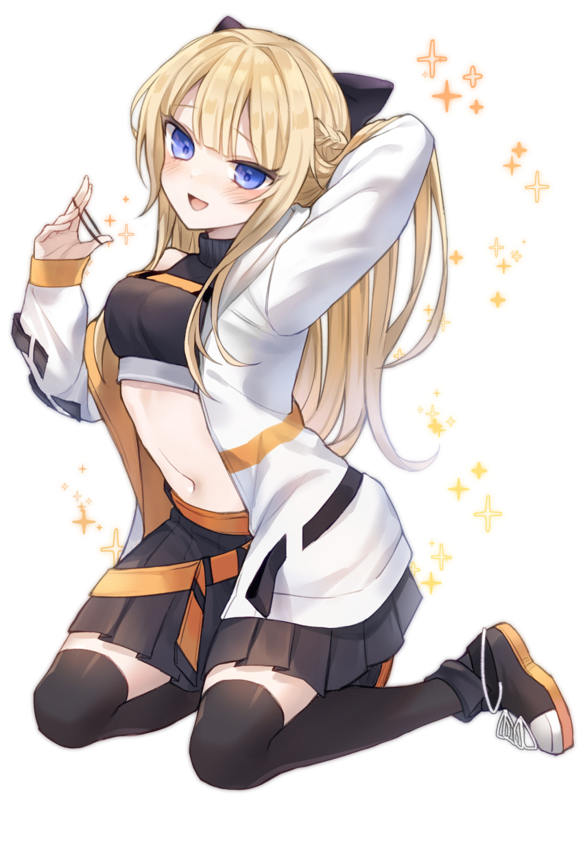 1girl, :d, absurdres, arm_behind_head, arm_up, artist_request, bare_shoulders, black_footwear