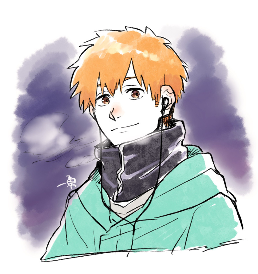 1boy, bleach, brown_eyes, choko_egg, earphones, earphones, green_hoodie, highres