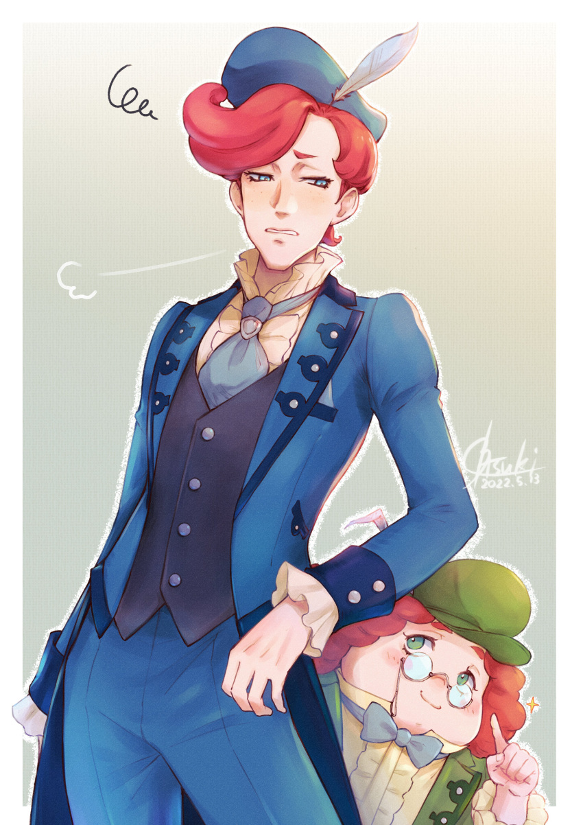 2boys, =3, absurdres, ace_attorney, applebeniakari, blue_eyes, blue_headwear, bow, bowtie, fabien_de_rousseau, formal, glasses, green_eyes, green_headwear, hat_feather, height_difference, highres, index_finger_raised, multiple_boys, peppino_de_rossi, redhead, sigh, suit, the_great_ace_attorney, the_great_ace_attorney_2:_resolve, tsuki_(xxsn3288)