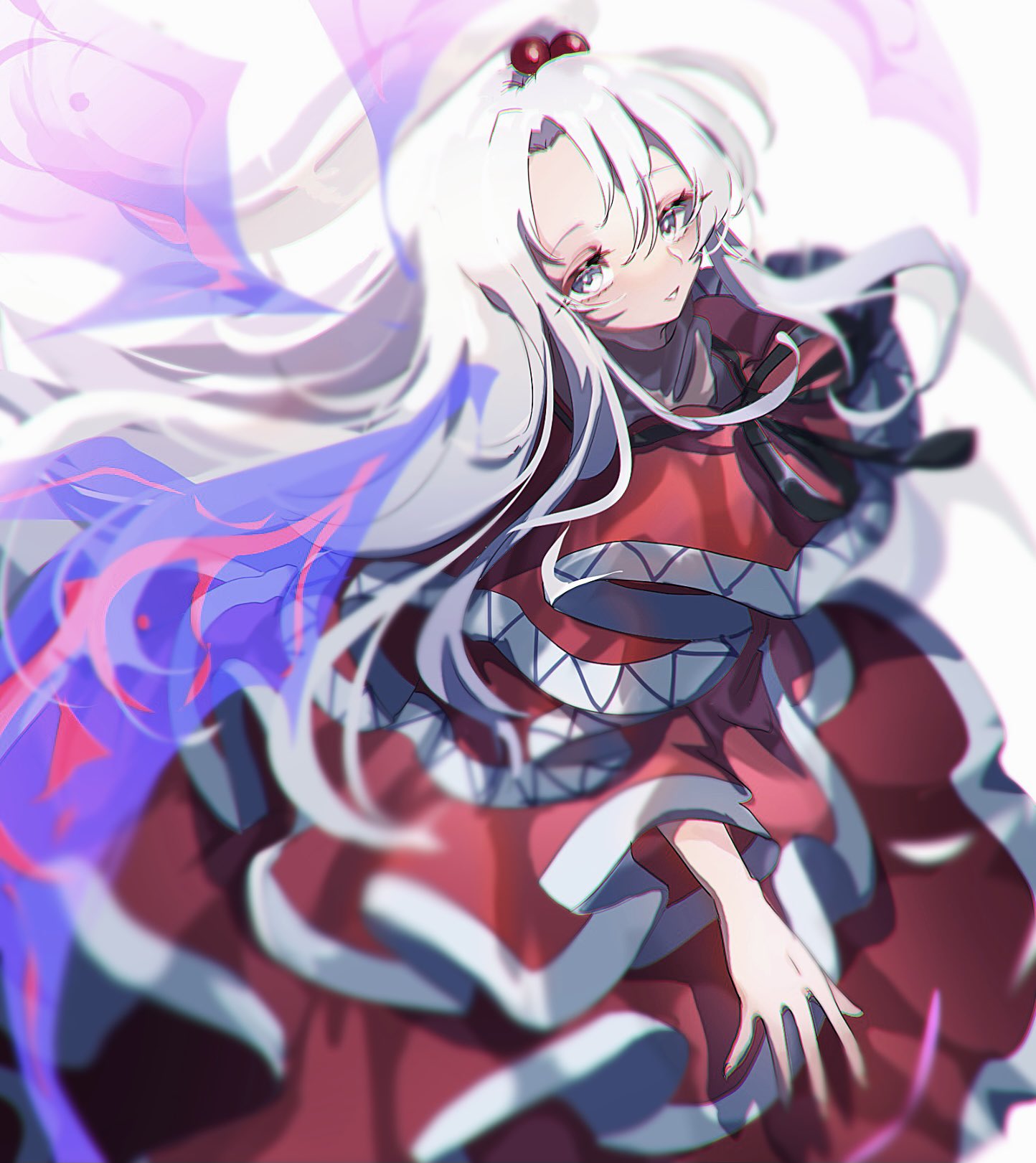 1girl, ayahi_4, bangs, black_ribbon, blurry, commentary, depth_of_field, dress