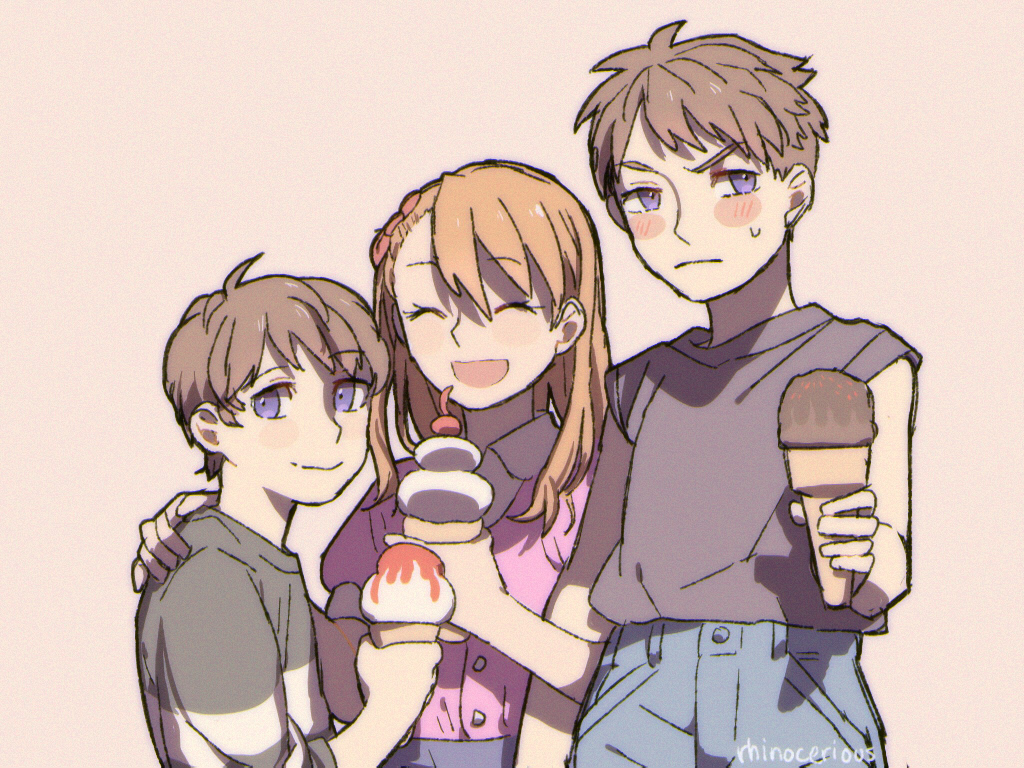 1girl, 2boys, blonde_hair, bow, brother_and_sister, brothers, brown_hair, closed_eyes
