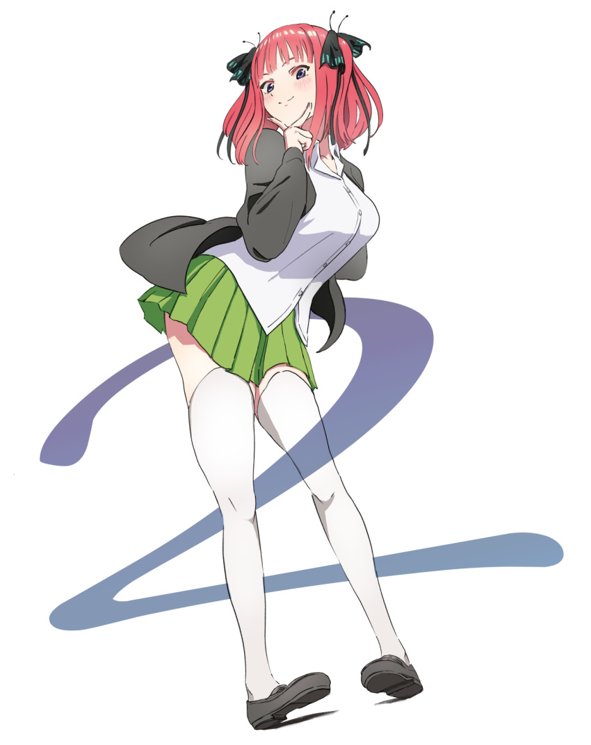 1girl, arm_behind_back, bangs, black_cardigan, black_footwear, black_ribbon, blue_eyes, blunt_bangs, blush, breasts, butterfly_hair_ornament, cardigan, from_below, go-toubun_no_hanayome, green_skirt, hair_ornament, highres, imocool, large_breasts, loafers, looking_at_viewer, multicolored_nails, nail_polish, nakano_nino, open_cardigan, open_clothes, pink_hair, raised_eyebrows, ribbon, school_uniform, shirt, shoes, simple_background, skirt, smile, thick_thighs, thigh-highs, thighs, twintails, white_background, white_legwear, white_shirt, zettai_ryouiki