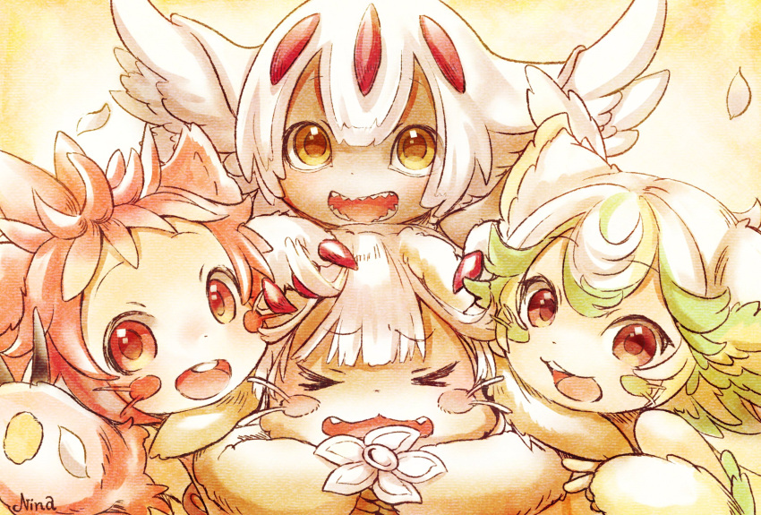 >_<, 1other, 3girls, :3, :d, animal_ear_fluff, animal_ears, animal_hands, artist_name, brown_background, brown_fur, brown_pupils, claws, closed_eyes, curly_hair, dark-skinned_female, dark_skin, dogpile, eyebrows_visible_through_hair, eyes_visible_through_hair, faputa, fewer_digits, flower, furry, green_fur, green_hair, highres, holding, holding_flower, looking_at_viewer, lower_teeth, made_in_abyss, mitty_(made_in_abyss)_(furry), multiple_girls, nanachi_(made_in_abyss), nina_(maurururoa), open_mouth, petals, pink_hair, prushka_(furry), red_eyes, sharp_teeth, signature, smile, teeth, upper_body, upper_teeth, whiskers, white_fur, white_hair, yellow_eyes