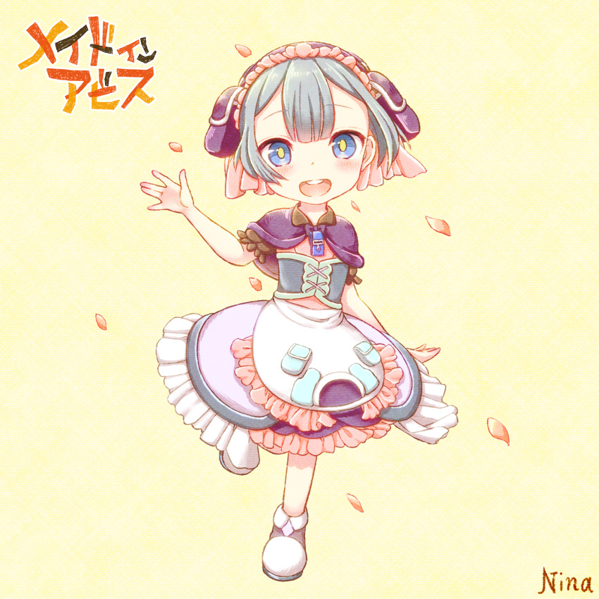 1boy, :d, \||/, apron, arm_at_side, artist_name, black_skirt, blue_bow, blue_bowtie, blue_capelet, blue_corset, blue_eyes, blue_hair, blue_hairband, bow, bowtie, bright_pupils, capelet, child, commentary_request, copyright_name, corset, eyebrows_visible_through_hair, frilled_apron, frilled_hairband, frilled_skirt, frilled_sleeves, frills, full_body, hairband, hand_up, highres, layered_skirt, leg_up, looking_at_viewer, made_in_abyss, male_focus, maruruk, nina_(maurururoa), open_mouth, otoko_no_ko, petals, pouch, puffy_short_sleeves, puffy_sleeves, purple_skirt, shoes, short_hair, short_sleeves, signature, skirt, smile, solo, standing, standing_on_one_leg, teeth, upper_teeth, waist_apron, waving, whistle, whistle_around_neck, white_apron, white_legwear, yellow_background, yellow_pupils