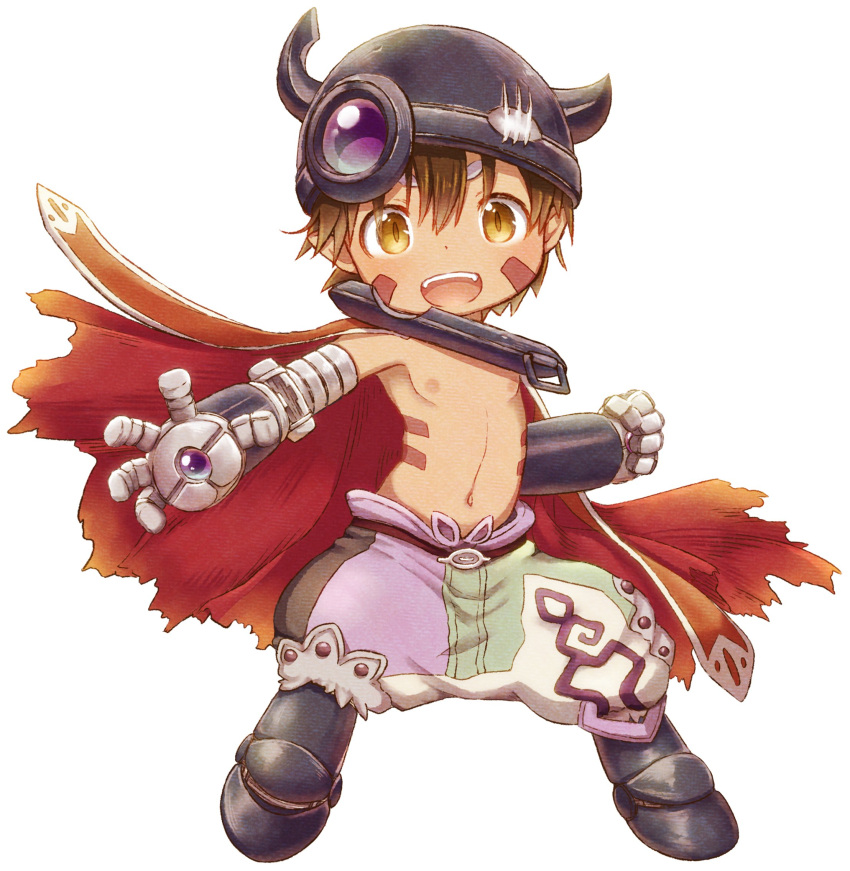 1boy, belt, black_pants, brown_belt, brown_eyes, brown_hair, cape, child, clenched_hand, commentary_request, facial_mark, fake_horns, fangs, full_body, green_pants, helmet, highres, horned_helmet, horns, legs_apart, looking_at_viewer, made_in_abyss, male_focus, mechanical_arms, mechanical_legs, multicolored_pants, navel, nina_(maurururoa), nipples, open_mouth, outstretched_hand, pants, pants_tucked_in, patchwork_clothes, purple_pants, red_cape, regu_(made_in_abyss), short_hair, simple_background, slit_pupils, solo, standing, teeth, thick_eyebrows, topless_male, torn_cape, torn_clothes, upper_teeth, v-shaped_eyebrows, white_background, white_pants