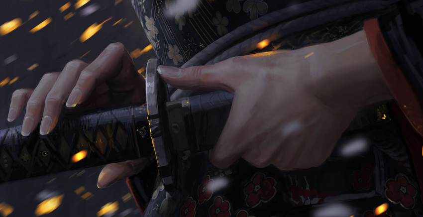 1girl, black_kimono, close-up, floral_print, from_side, guweiz, highres, holding