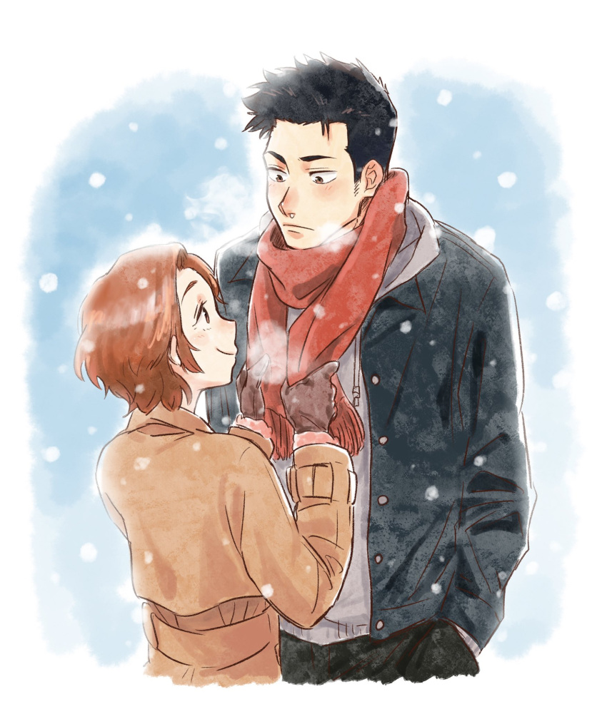 1boy, 1girl, adjusting_scarf, black_hair, black_jacket, bleach, blush, brown_coat