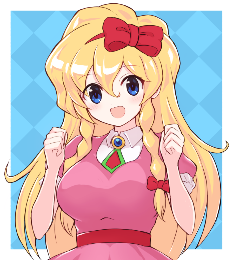 1girl, :d, bangs, blonde_hair, blue_eyes, bow, breasts, castlevania