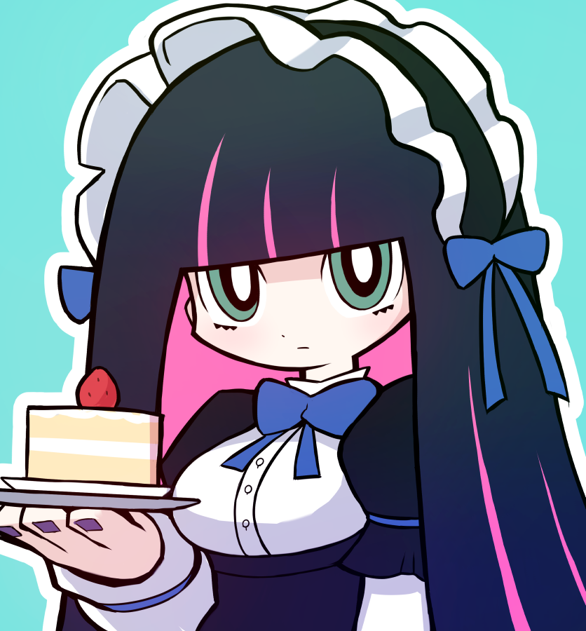 1girl, aqua_background, aqua_eyes, bangs, black_hair, blunt_bangs, bow, cake