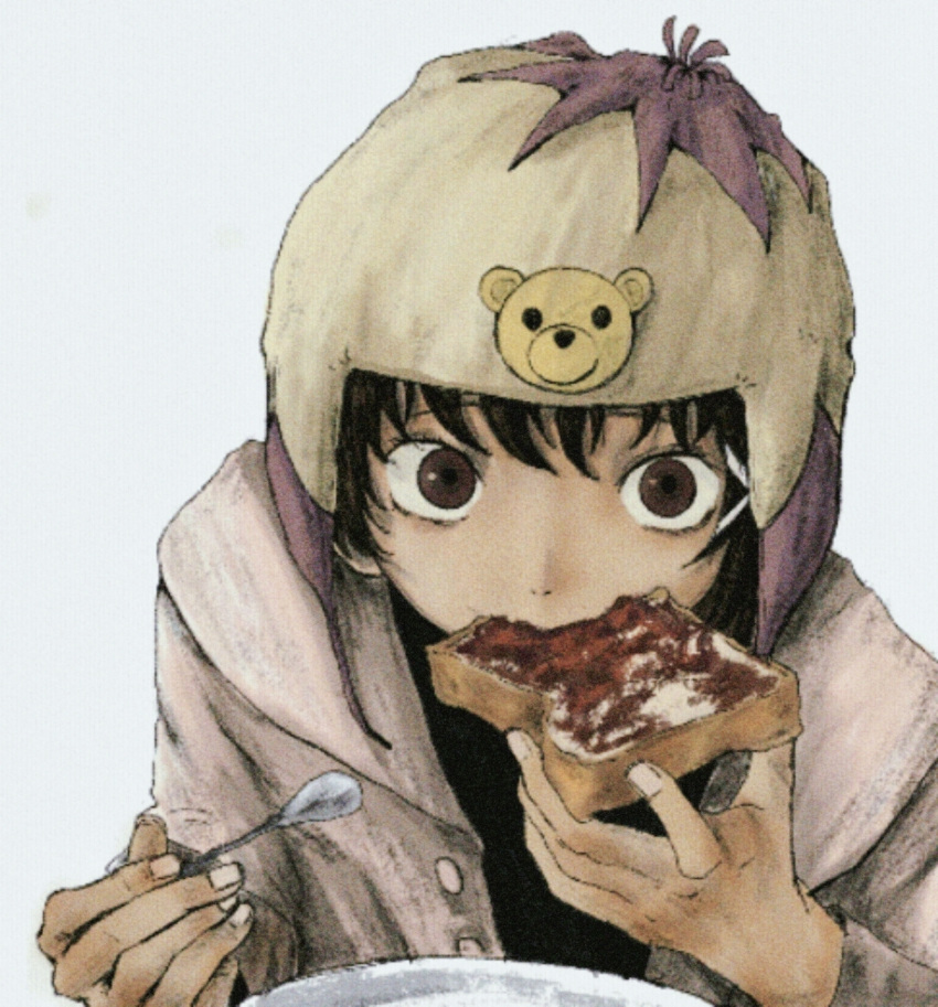 1girl, blue_background, bread_slice, brown_eyes, brown_hair, brown_headwear, buttons, fingernails