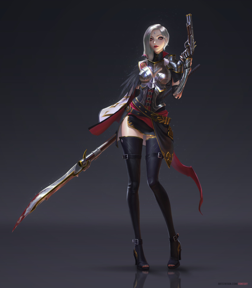 1girl, absurdres, armor, armored_dress, black_footwear, blood, blood_on_weapon, boots