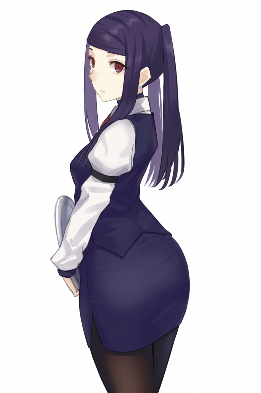 1girl, asakiri_koko, ass, back, bangs, bartender, black_choker, black_legwear