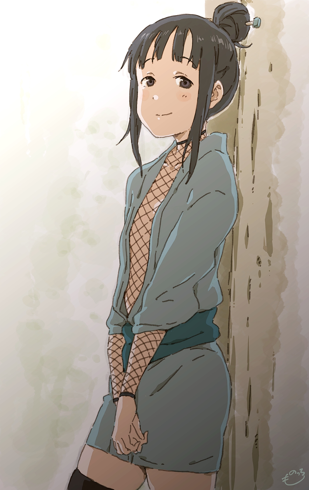 1girl, against_tree, artist_name, bangs, black_hair, black_legwear, blue_kimono, blue_sash