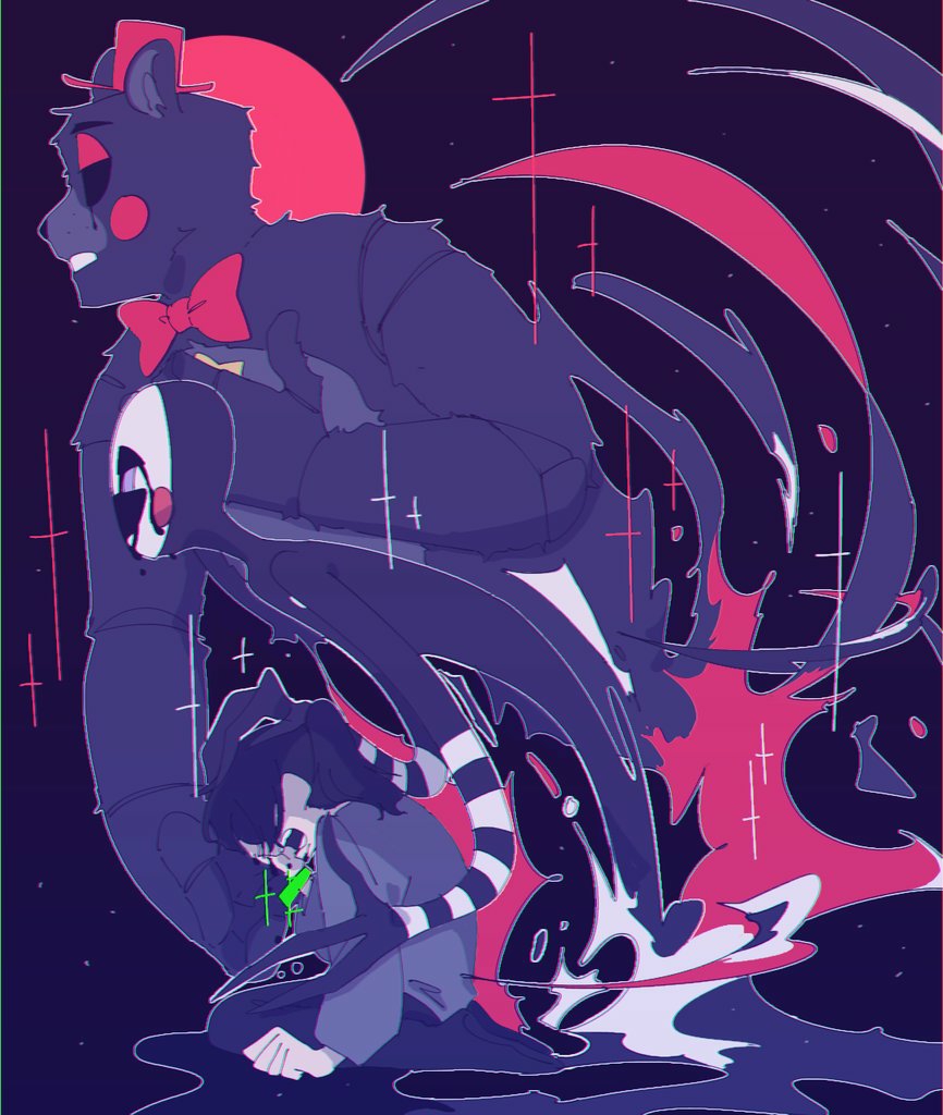 1girl, animal_ears, bear_ears, black_hair, bow, bowtie, charlotte_emily, five_nights_at_freddy's, five_nights_at_freddy's:_pizzeria_simulator, hat, kneeling, lefty_(fnaf), long_hair, mask, multiple_persona, tears, the_puppet_(fnaf), top_hat
