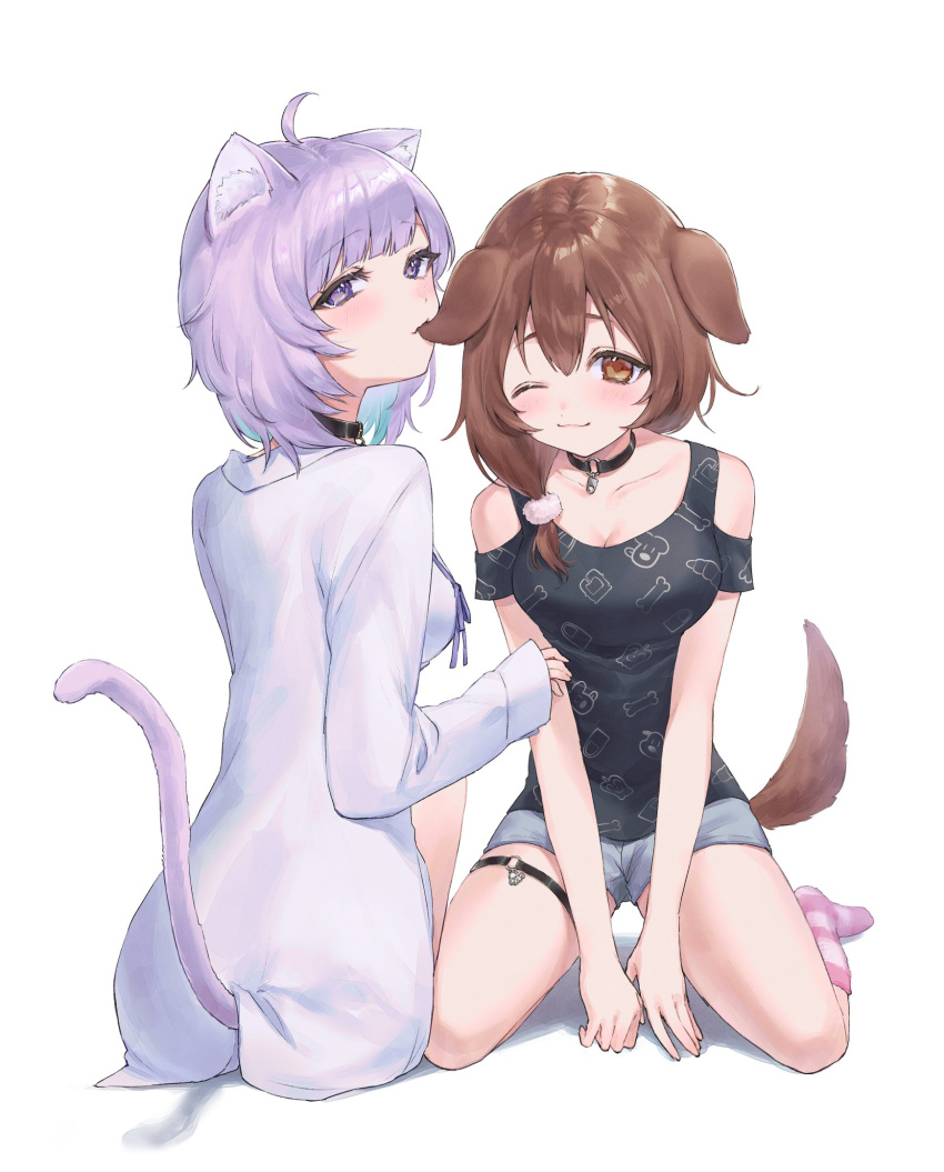 2girls, ahoge, animal_ear_fluff, animal_ears, bangs, bare_shoulders, biting, black_choker