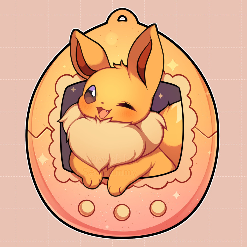 ;d, artist_name, brown_eyes, commentary, eevee, english_commentary, fang, highres, no_humans, one_eye_closed, open_mouth, pink_background, pokemon, pokemon_(creature), sevi_(seviyummy), smile, tamagotchi, through_screen