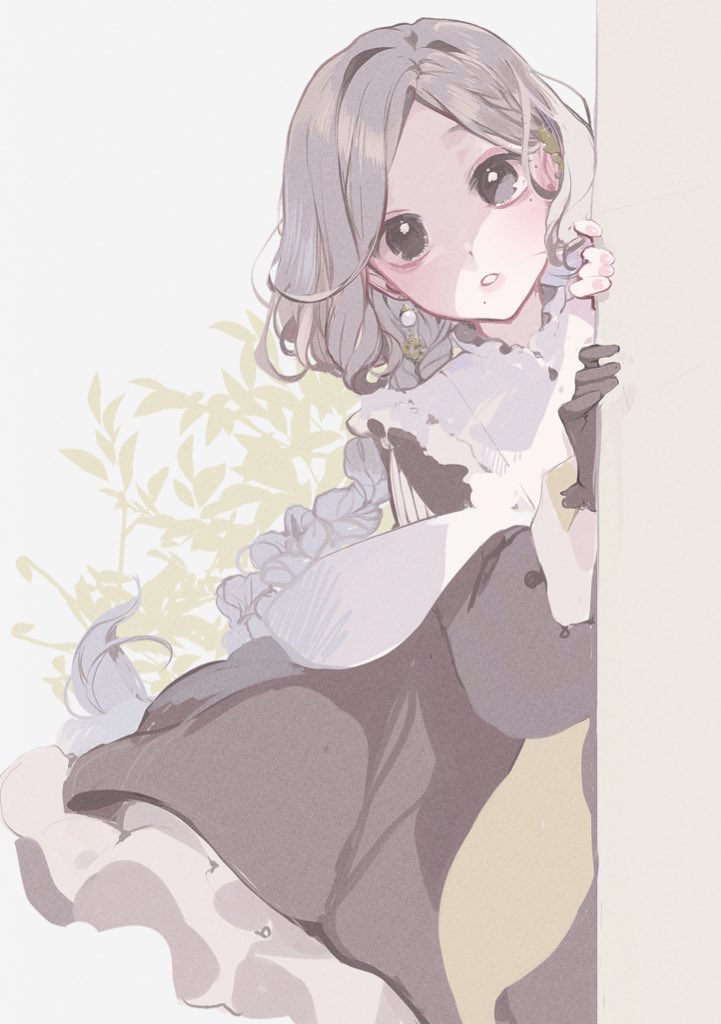 1girl, bangs, black_dress, black_eyes, black_gloves, dress, earrings, eri_(vtuber)