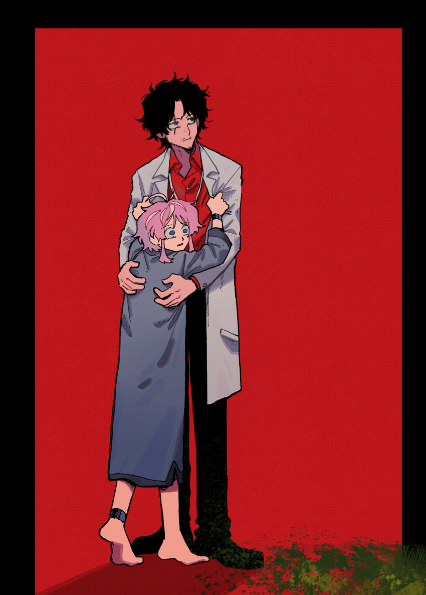 2boys, amayado_rei, amemura_ramuda, bangs, barefoot, black_hair, black_pants, blue_eyes