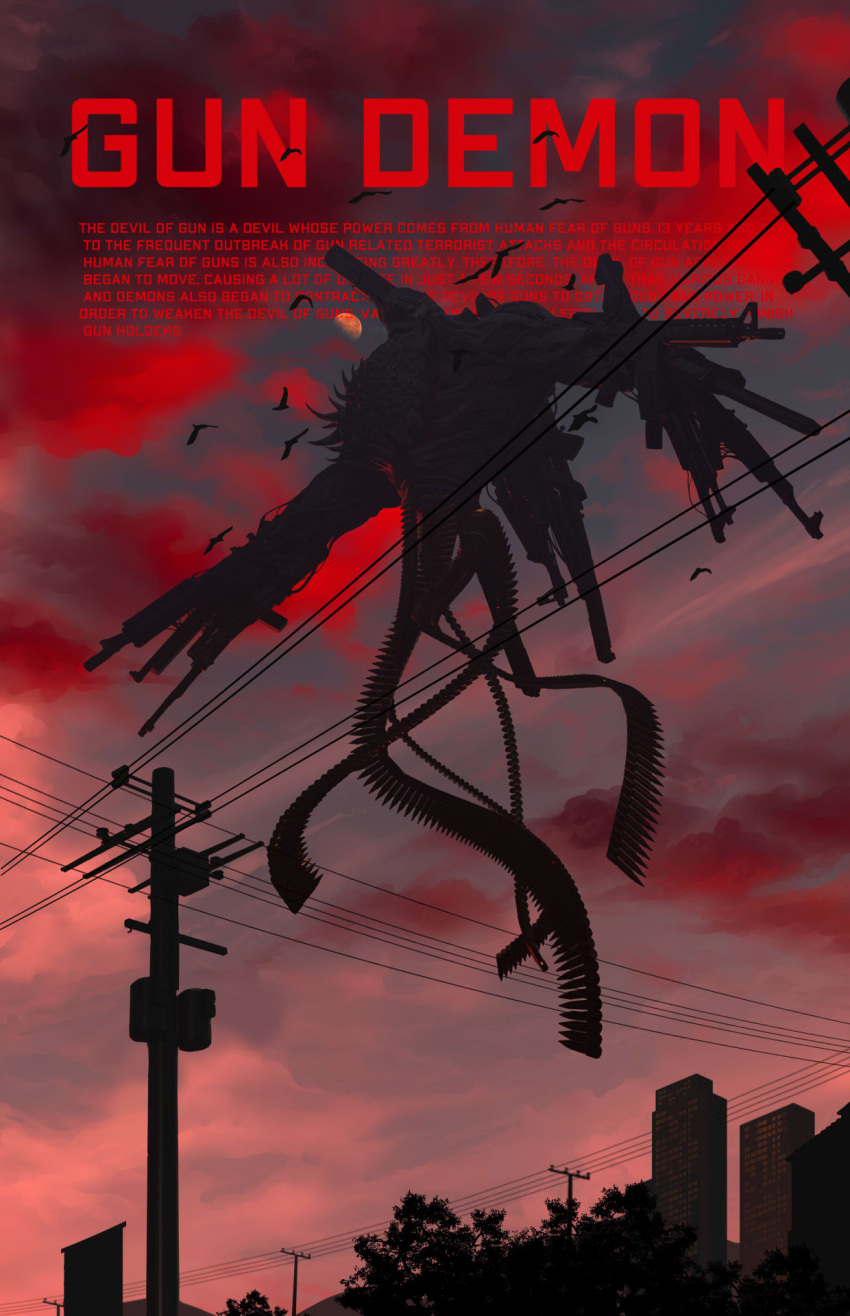 ammunition, bird, black_plume, building, bullet, chainsaw_man, clouds, cloudy_sky