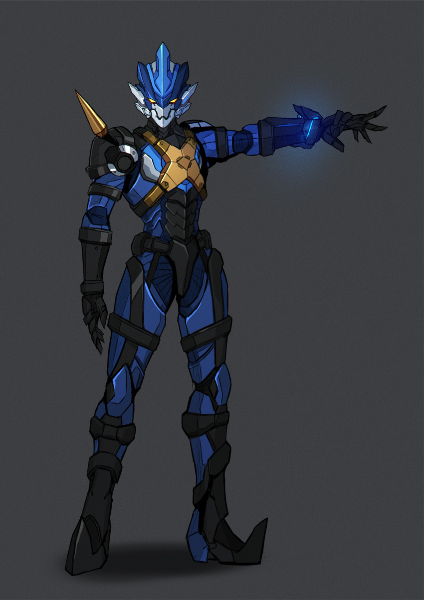 1boy, 3ok, armor, armored_boots, black_footwear, black_gloves, blue_armor, blue_bodysuit