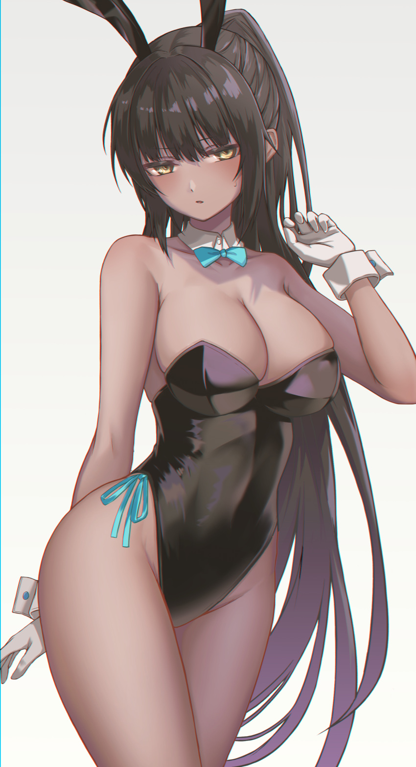 1girl, absurdres, animal_ears, bangs, black_hair, black_leotard, blue_archive, blue_bow