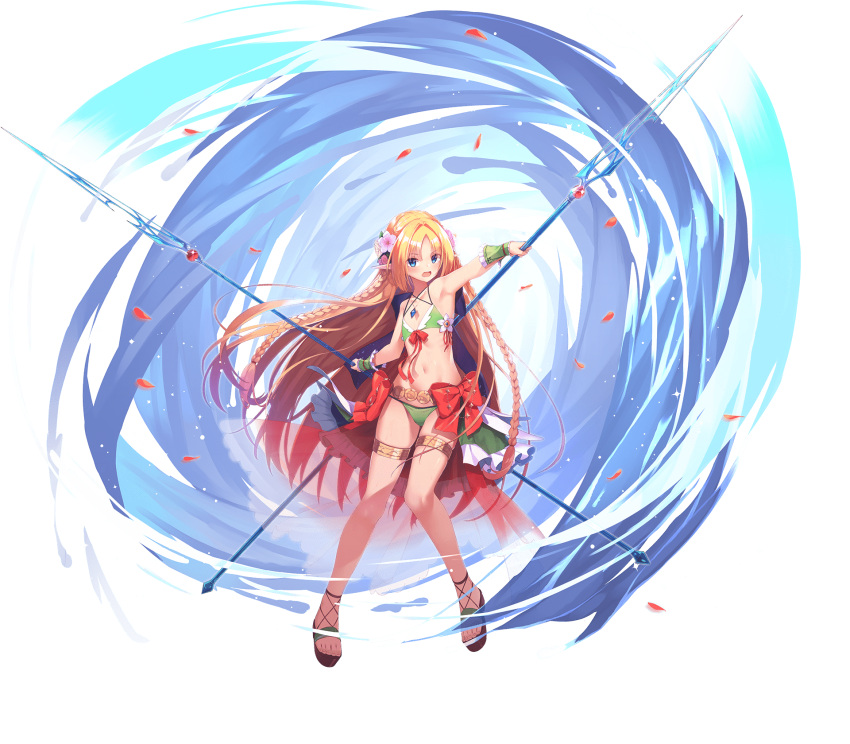 1girl, awakening_(sennen_sensou_aigis), bangs, bikini, blonde_hair, blue_eyes, braid, flat_chest, flower, green_bikini, gyuunyuu_bin, hair_flower, hair_ornament, highres, holding, holding_weapon, jewelry, long_hair, long_pointy_ears, looking_at_viewer, navel, necklace, official_art, open_mouth, pendant, pointy_ears, quill_(sennen_sensou_aigis), sennen_sensou_aigis, simple_background, solo, swimsuit, thighlet, toeless_footwear, transparent_background, very_long_hair, weapon