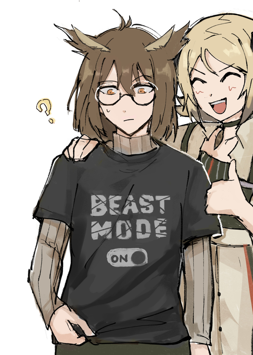 2girls, :d, ?, ^_^, antenna_hair, arknights, bakmi_(mkn_bkm), black_choker