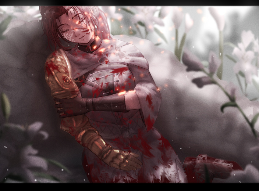 1girl, bangs, black_gloves, blood, blood_on_clothes, blood_on_face, cloak, closed_eyes, commentary, death, dress, elden_ring, flower, gloves, grey_dress, hh_(hehexd06161704), highres, mechanical_arms, millicent_(elden_ring), parted_bangs, plant, prosthesis, prosthetic_arm, redhead, scar, scar_on_face, short_hair, short_ponytail, single_glove, single_mechanical_arm, sitting, solo, white_cloak, white_flower