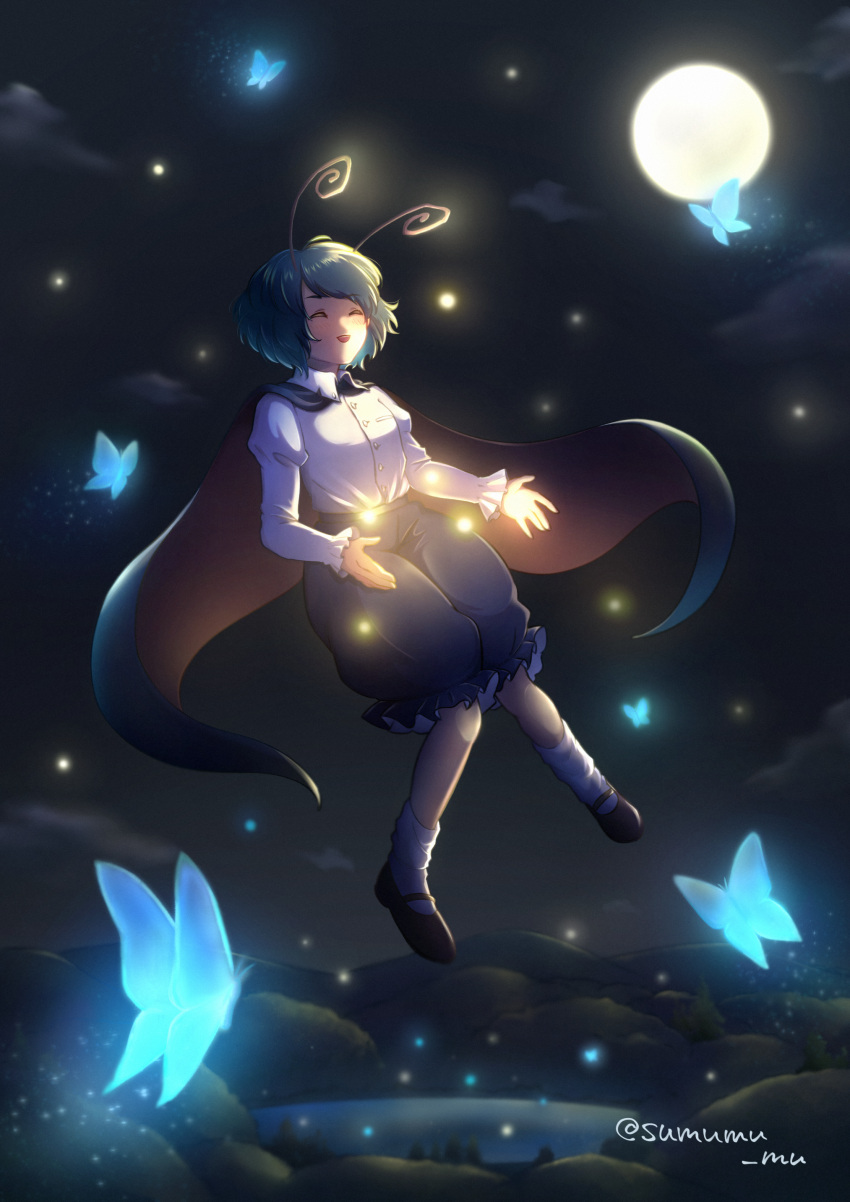 1girl, absurdres, antennae, bangs, black_cape, black_footwear, black_shorts, blue_butterfly