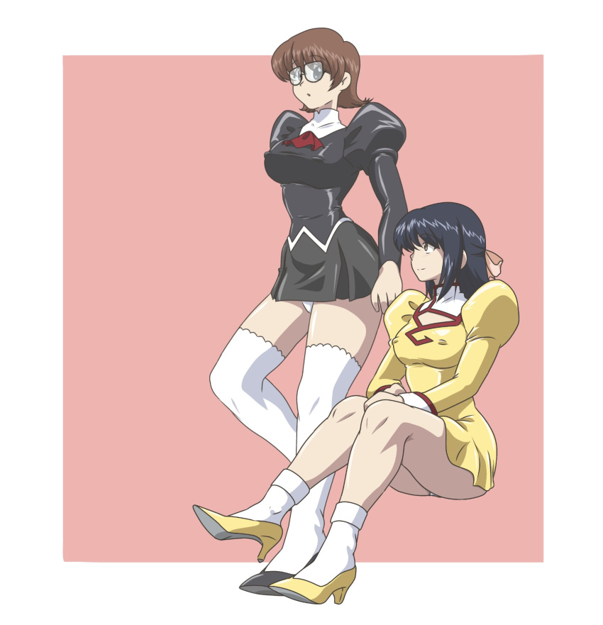 2girls, agent_aika, aika_(series), bangs, black_delmo, black_footwear, black_jacket, black_skirt