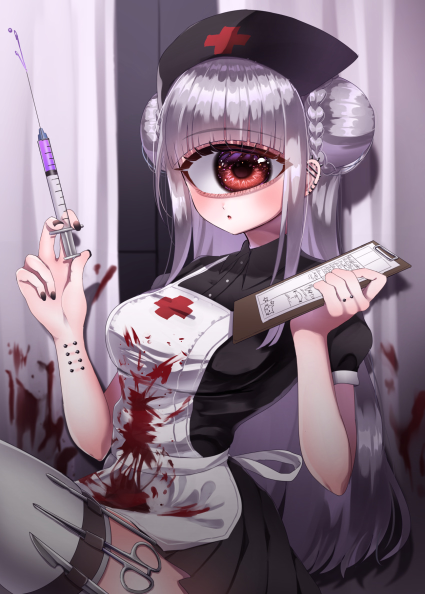 1girl, apron, arm_piercing, bangs, blood, blood_on_clothes, blunt_bangs, blush