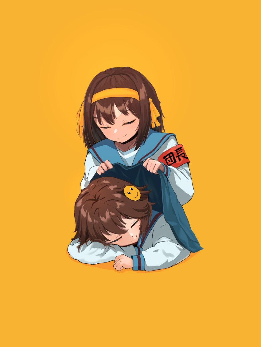2girls, armband, bangs, blazer, blue_sailor_collar, brown_hair, closed_eyes, closed_mouth
