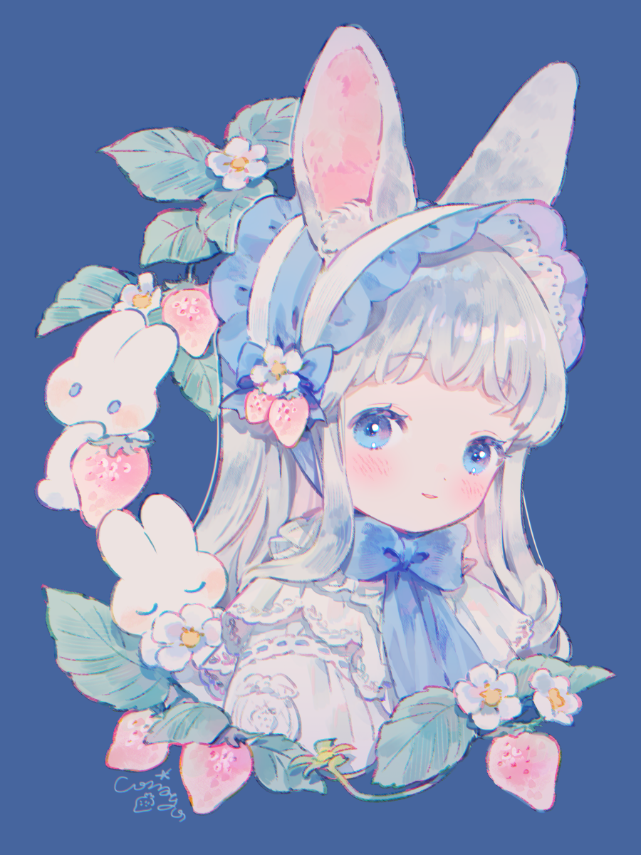 1girl, animal_ears, blue_background, blue_eyes, blue_ribbon, conago, eyebrows_visible_through_hair, flower