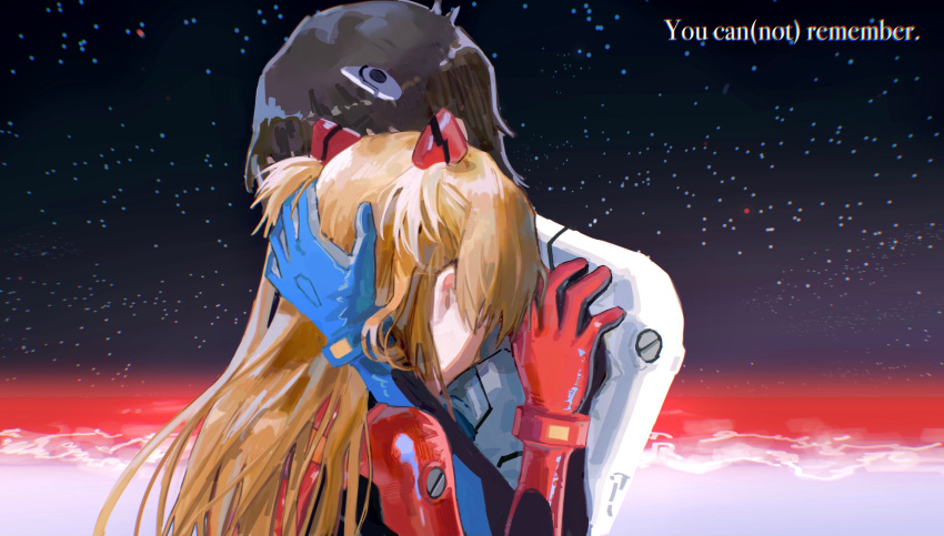 1boy, 1girl, absurdres, bodysuit, end_of_evangelion, english_commentary, highres, hug