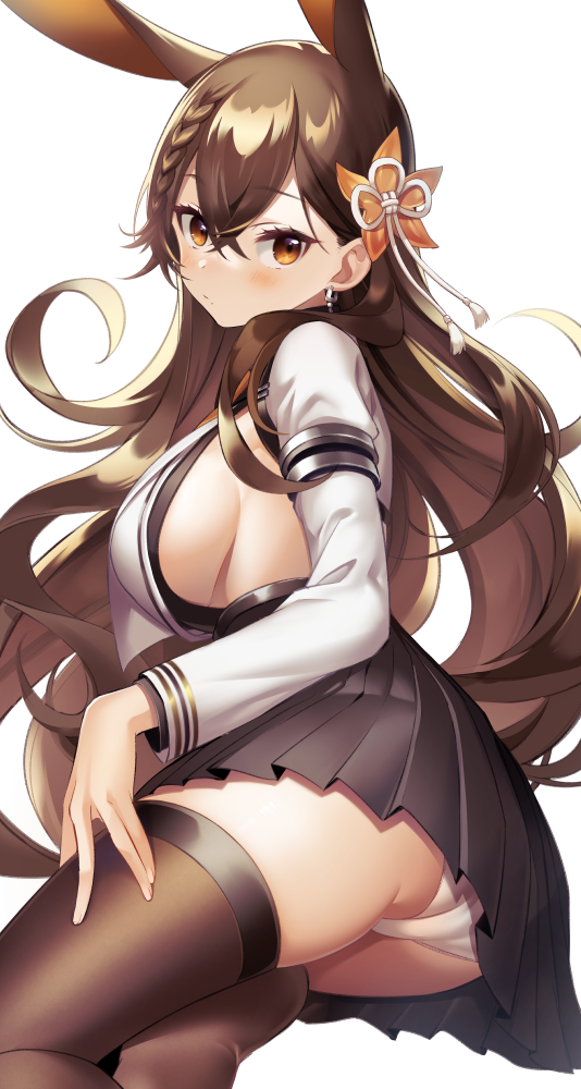 1girl, animal_ears, armband, azur_lane, bangs, black_legwear, black_skirt, blush, braid, breasts, brown_hair, chikuma_(azur_lane), closed_mouth, commentary_request, cowboy_shot, crossed_bangs, curly_hair, dot_nose, earrings, eyebrows_visible_through_hair, frilled_skirt, frills, hair_between_eyes, hair_ornament, hair_over_shoulder, hair_ribbon, jewelry, long_hair, long_sleeves, looking_at_viewer, looking_back, medium_breasts, mole, mole_under_mouth, omochimochi, orange_eyes, panties, pantyhose, pantyshot, rabbit_ears, rabbit_girl, ribbon, shadow, shiny, shiny_hair, sideboob, simple_background, skirt, solo, thigh-highs, tress_ribbon, underwear, white_background, white_panties, white_ribbon