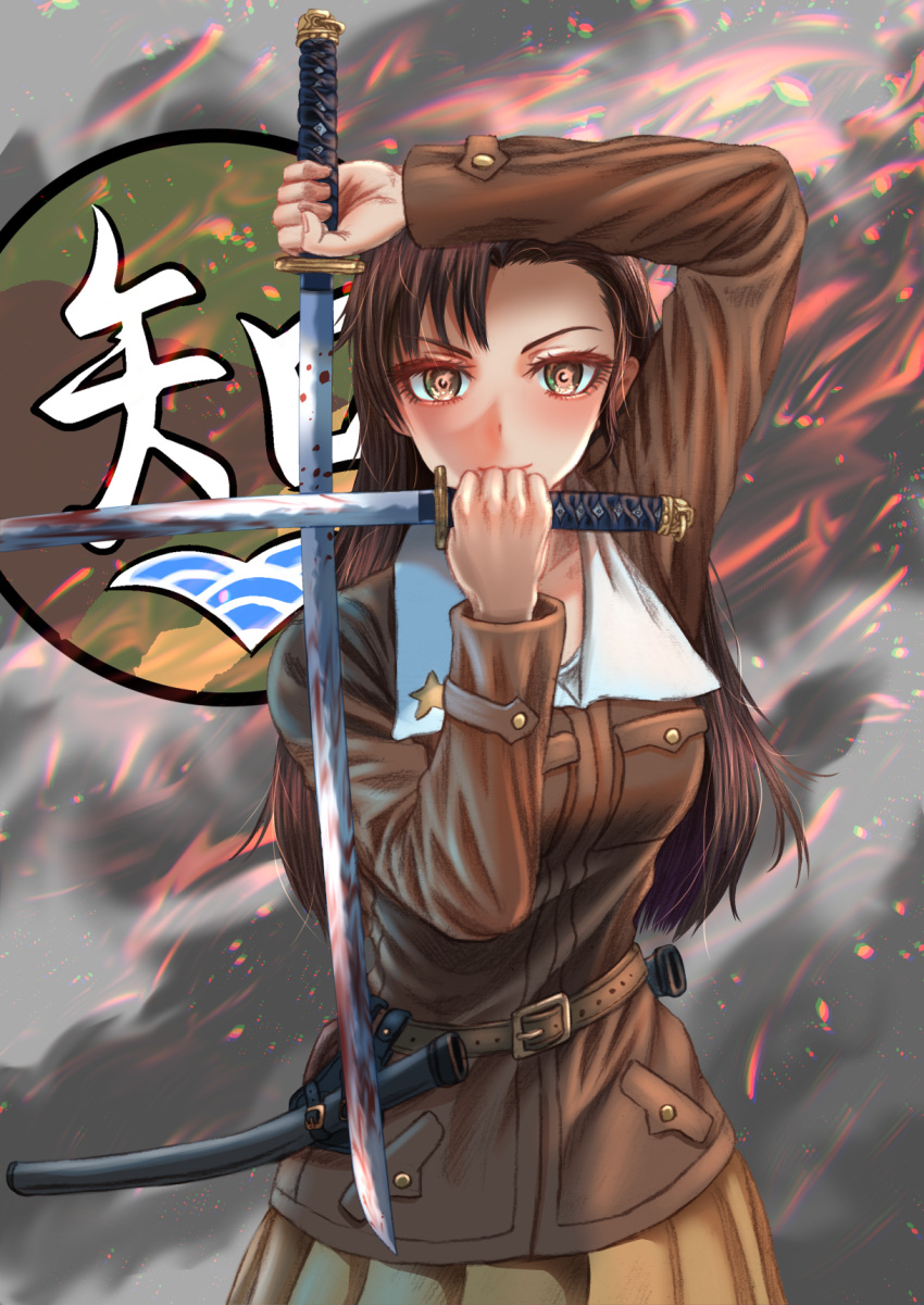 1girl, asymmetrical_bangs, bangs, belt, blood, blood_on_weapon, brown_belt, brown_eyes, brown_hair, brown_jacket, chi-hatan_(emblem), chi-hatan_military_uniform, closed_mouth, commentary_request, crossed_swords, dual_wielding, embers, emblem, girls_und_panzer, highres, holding, holding_sword, holding_weapon, jacket, katana, long_hair, long_sleeves, looking_at_viewer, military, military_uniform, nishi_kinuyo, partial_commentary, pleated_skirt, skirt, smile, solo, standing, star_(symbol), straight_hair, sword, tigern_(tigern28502735), uniform, unsheathed, weapon, yellow_skirt