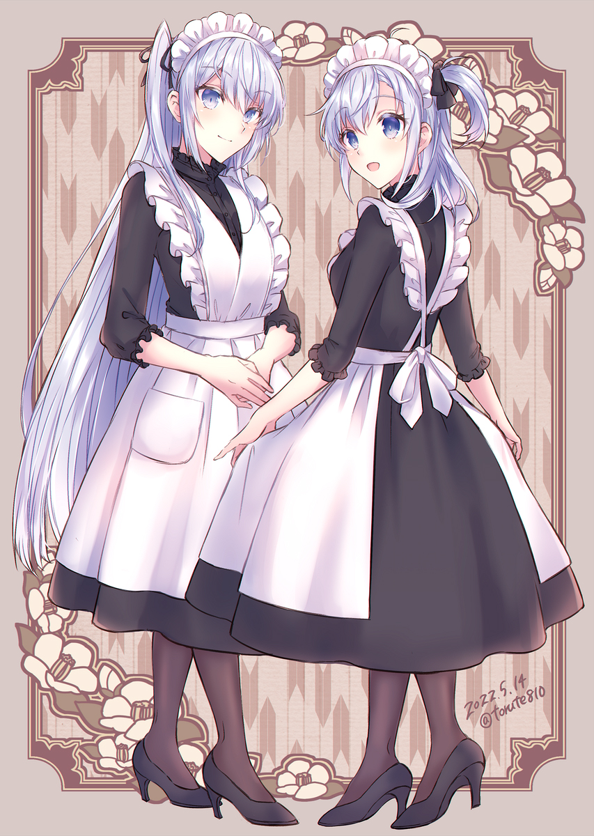 2girls, alternate_costume, apron, bangs, black_dress, black_legwear, black_ribbon, breasts
