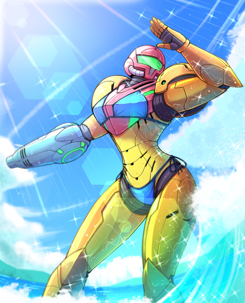 1girl, arm_cannon, bikini, bikini_over_clothes, blue_bikini, blue_sky, clouds, highres