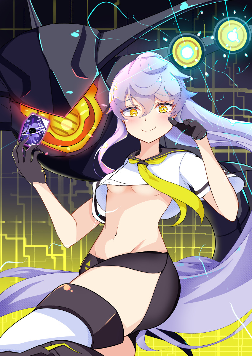 1girl, absurdres, azur_lane, black_gloves, black_sailor_collar, black_shorts, breasts, crop_top, eyebrows_visible_through_hair, gloves, hair_between_eyes, half_gloves, high_ponytail, highres, light_purple_hair, long_hair, looking_at_viewer, mental_cube_(azur_lane), midriff, neckerchief, sailor_collar, sakamoto_(slopepepepe), shirt, short_sleeves, shorts, siren_(azur_lane), siren_purifier_(azur_lane), small_breasts, solo, thigh-highs, under_boob, very_long_hair, white_legwear, white_shirt, yellow_eyes, yellow_neckerchief