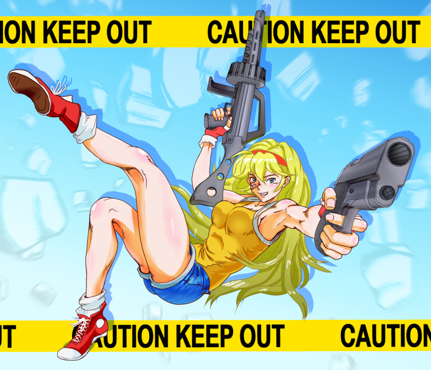 1girl, aiming_at_viewer, assault_rifle, bandaid, battle_mania, bb9_megadrive, blonde_hair, blue_eyes, breasts, debris, energy_gun, fake_screenshot, falling, fingerless_gloves, flying, freefall, gameplay_mechanics, gloves, grin, gun, hairband, handgun, highres, legs, long_hair, looking_at_viewer, ootorii_mania, pencil_skirt, rifle, science_fiction, shoes, short_shorts, shorts, sign, skirt, smile, sneakers, trouble_shooter, video_game, warning_sign, weapon