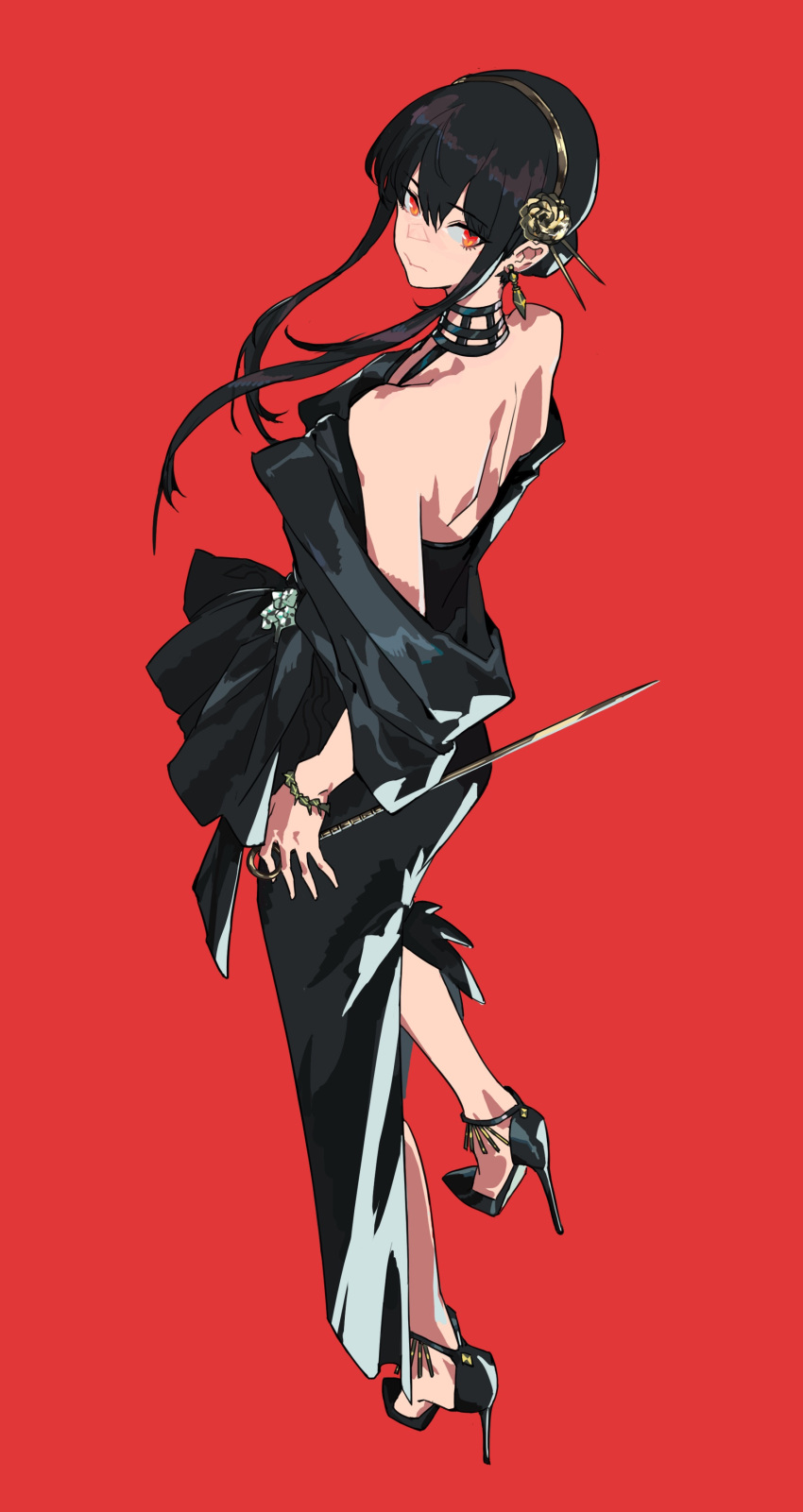 1girl, absurdres, bangs, bare_shoulders, black_dress, black_footwear, black_hair, bracelet