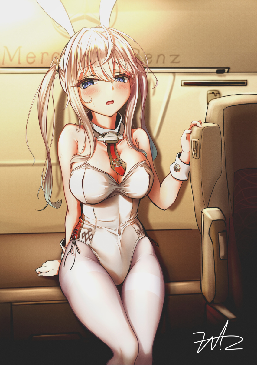 1girl, absurdres, adapted_costume, animal_ears, blonde_hair, blue_eyes, breasts, cross