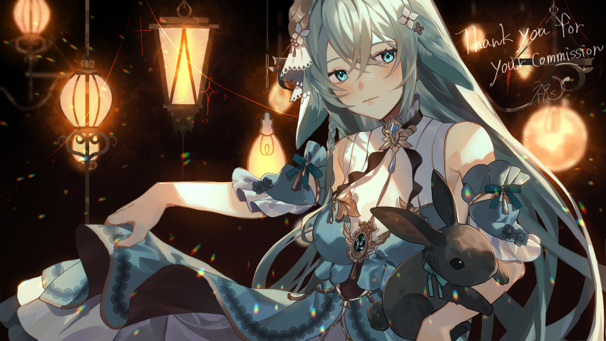 1girl, aqua_bow, aqua_dress, aqua_eyes, aqua_hair, bare_shoulders, blush, bow