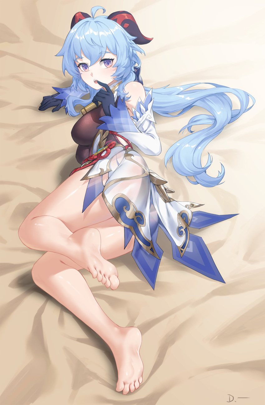1girl, absurdres, ahoge, bangs, bare_shoulders, barefoot, bed_sheet, bell